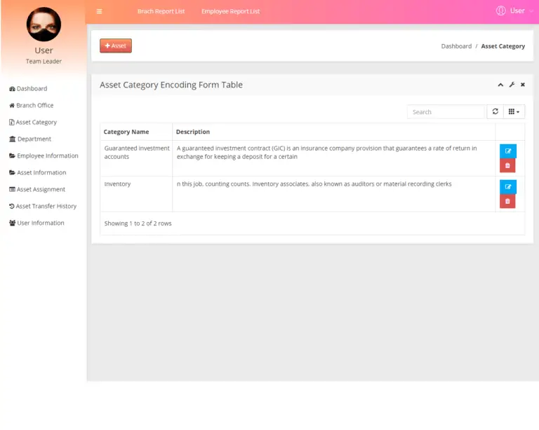 Asset Management System User Interface in Bootstrap and PHP