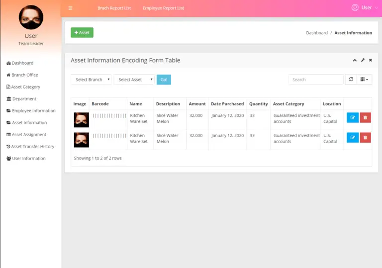 Asset Management System User Interface in Bootstrap and PHP