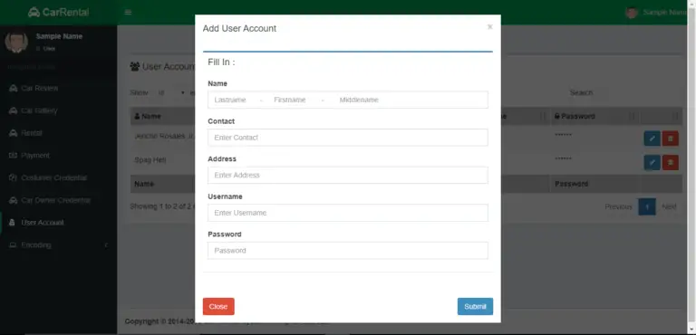 Car Rental System User Interface in Bootstrap and PHP