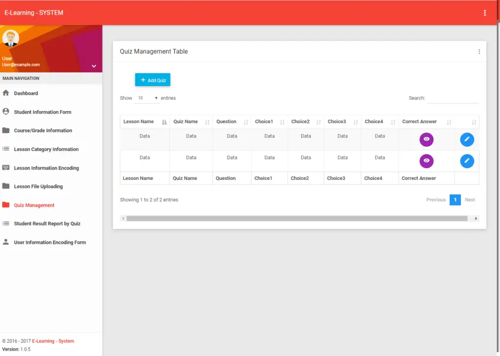 Elearning System User Interface in PHP and Bootstrap