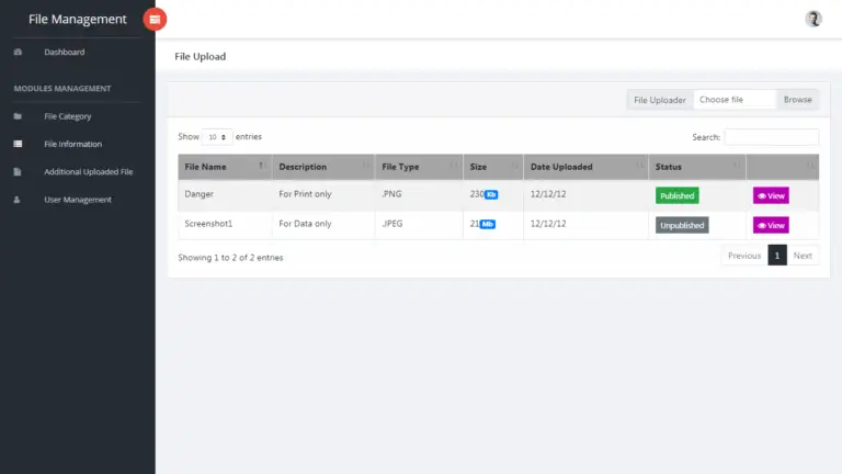 File Management System User Interface in Bootstrap and PHP