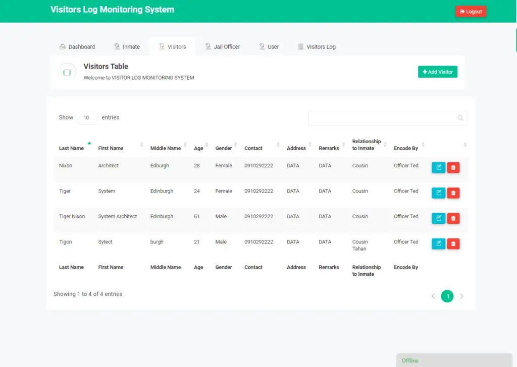 Visitor Log Monitoring System User Interface in Bootstrap and PHP