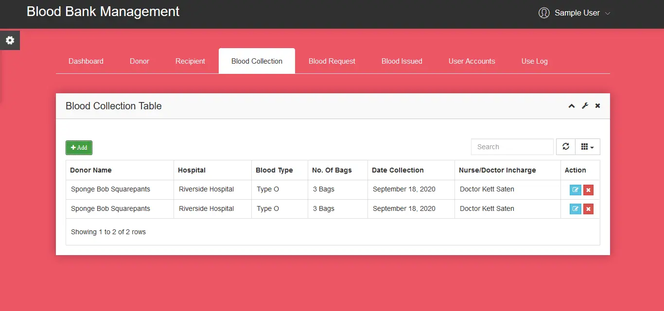 Blood Bank Management System Blood Collection Details