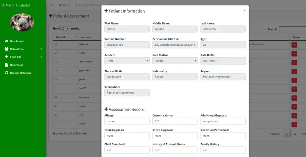 Patient Information System with BMI and Diet Counseling in PHP and MySQL