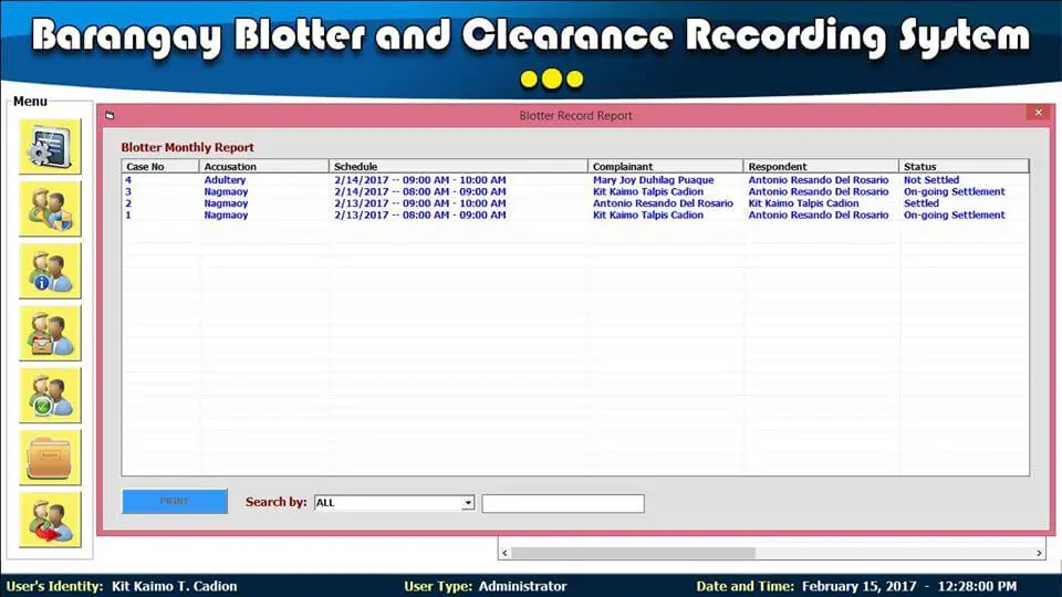 Barangay Blotter and Clearance System Blotter Record Report