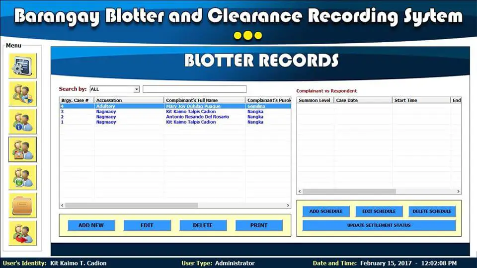 Barangay Blotter and Clearance System Blotter Records