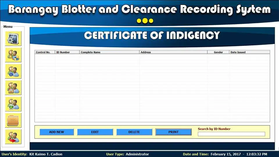 Barangay Blotter and Clearance System Certificate of Indigency