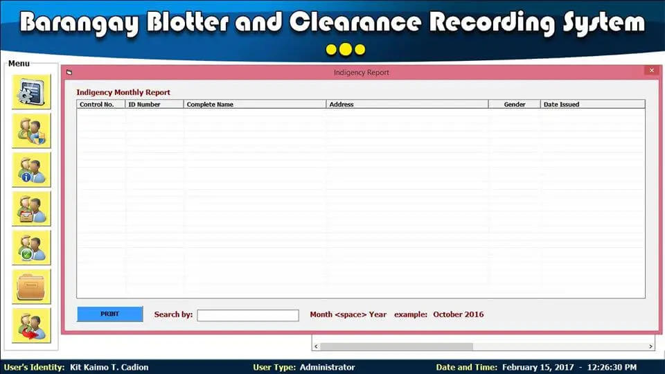 Barangay Blotter and Clearance System Indigency Monthly Report