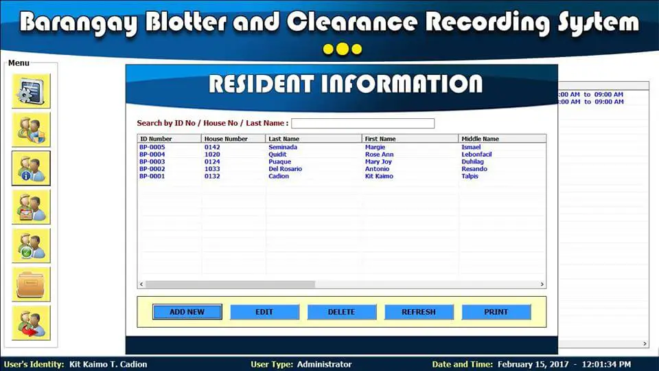 Barangay Blotter and Clearance System Resident Information