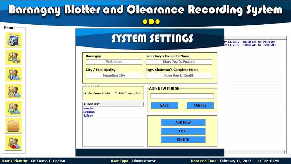 Barangay Blotter and Clearance System System Settings