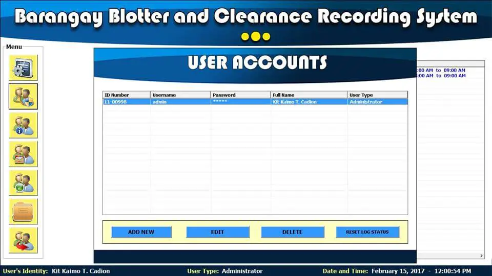 Barangay Blotter and Clearance System User Accounts