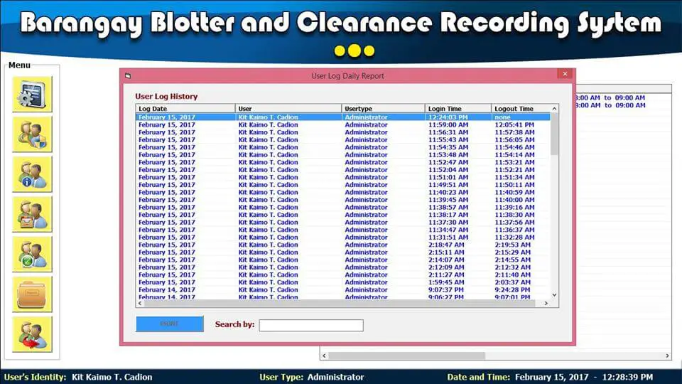 Barangay Blotter and Clearance System User Log Daily Report