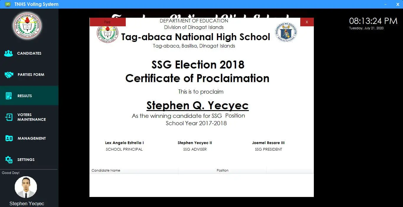 Automated Voting System for High School in C# and MySQL - Certificate of Proclamation for winning candidates