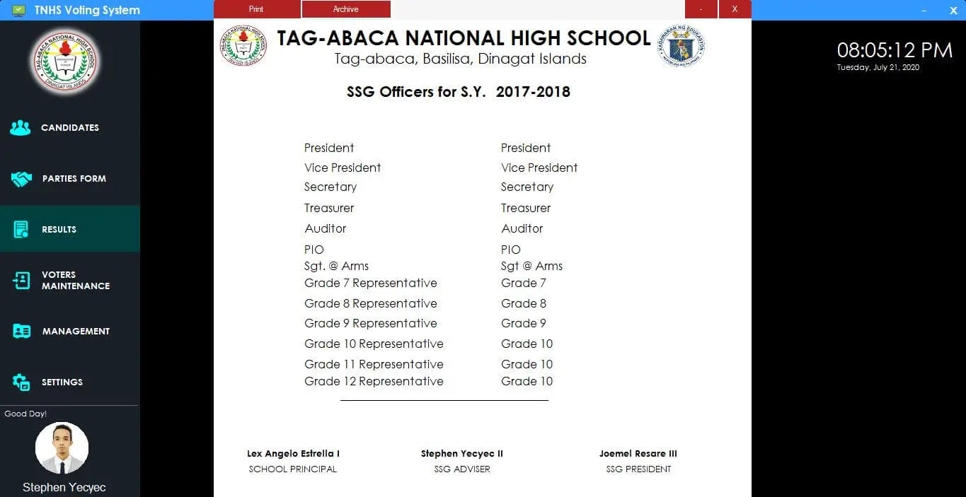 Automated Voting System for High School in C# and MySQL - Print of Elected Officials