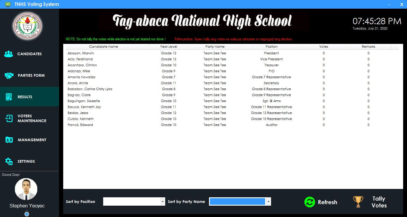 Automated Voting System for High School in C# and MySQL - Results Module