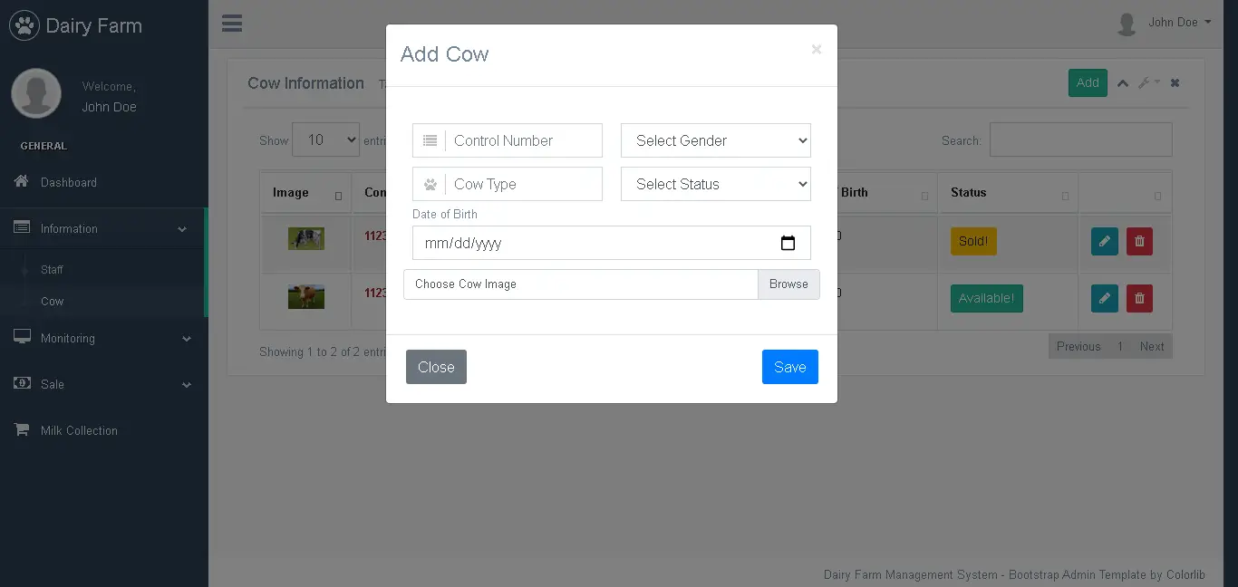 Dairy Farm Management System in PHP and Bootstrap - Cow Information Encoding