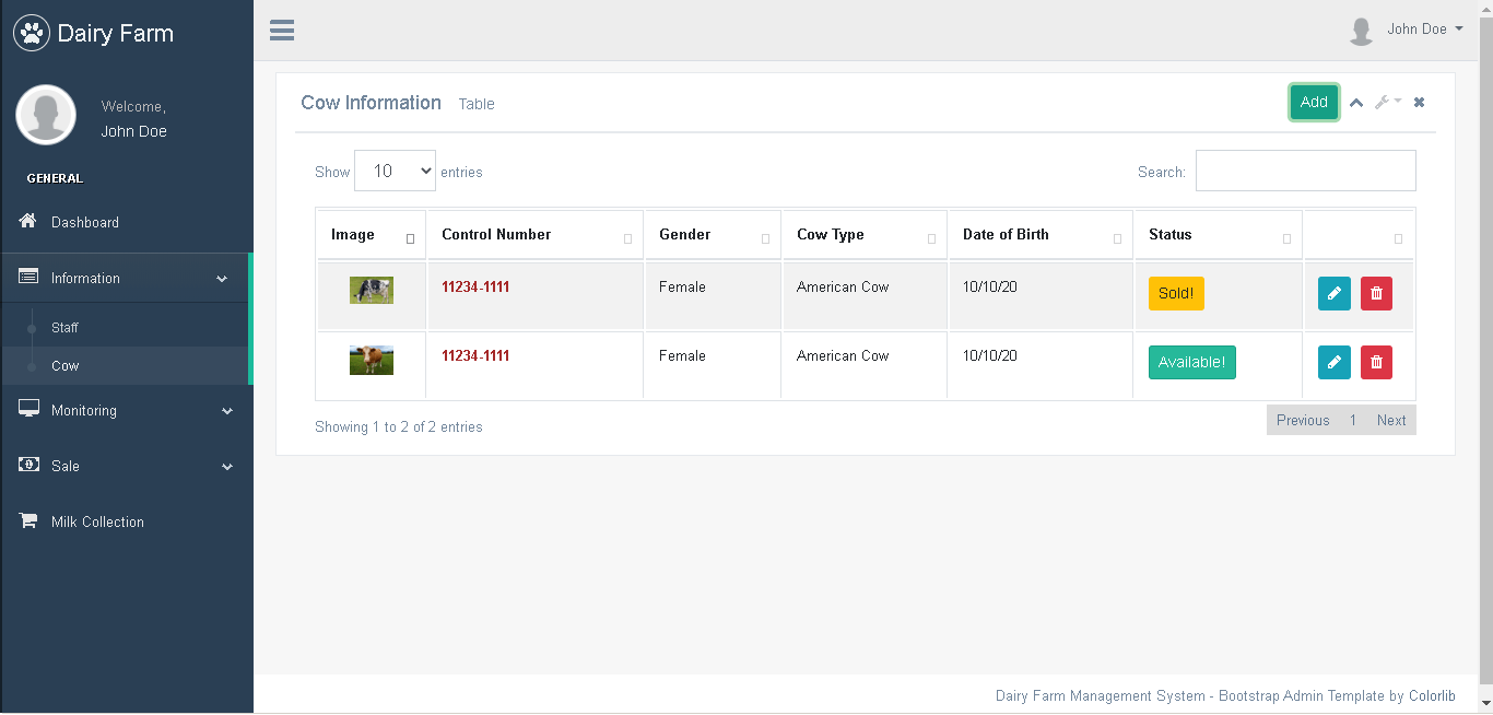 Dairy Farm Management System in PHP and Bootstrap - Cow Information