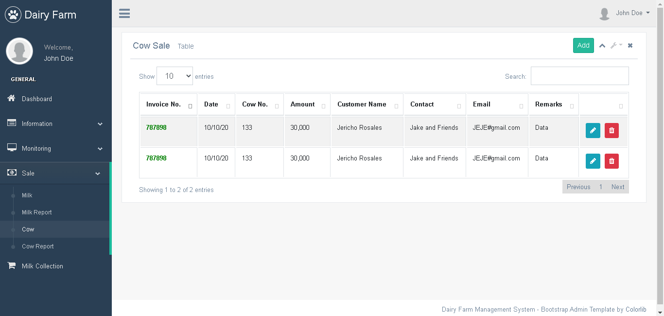 Dairy Farm Management System in PHP and Bootstrap - Cow Sale Information