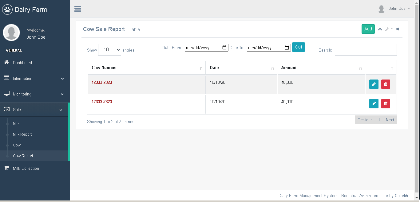 Dairy Farm Management System in PHP and Bootstrap - Cow Sale Report