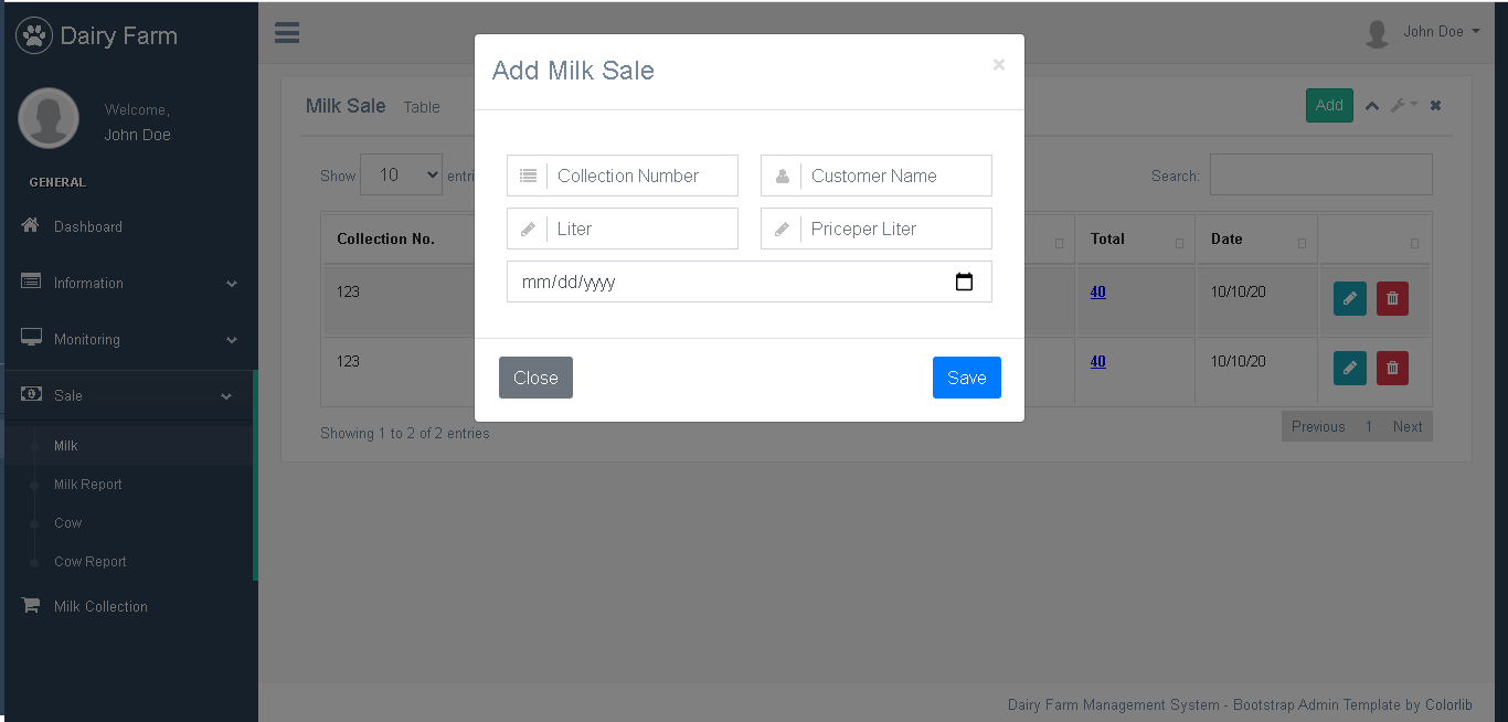 Dairy Farm Management System in PHP and Bootstrap - Milk Sale Encoding