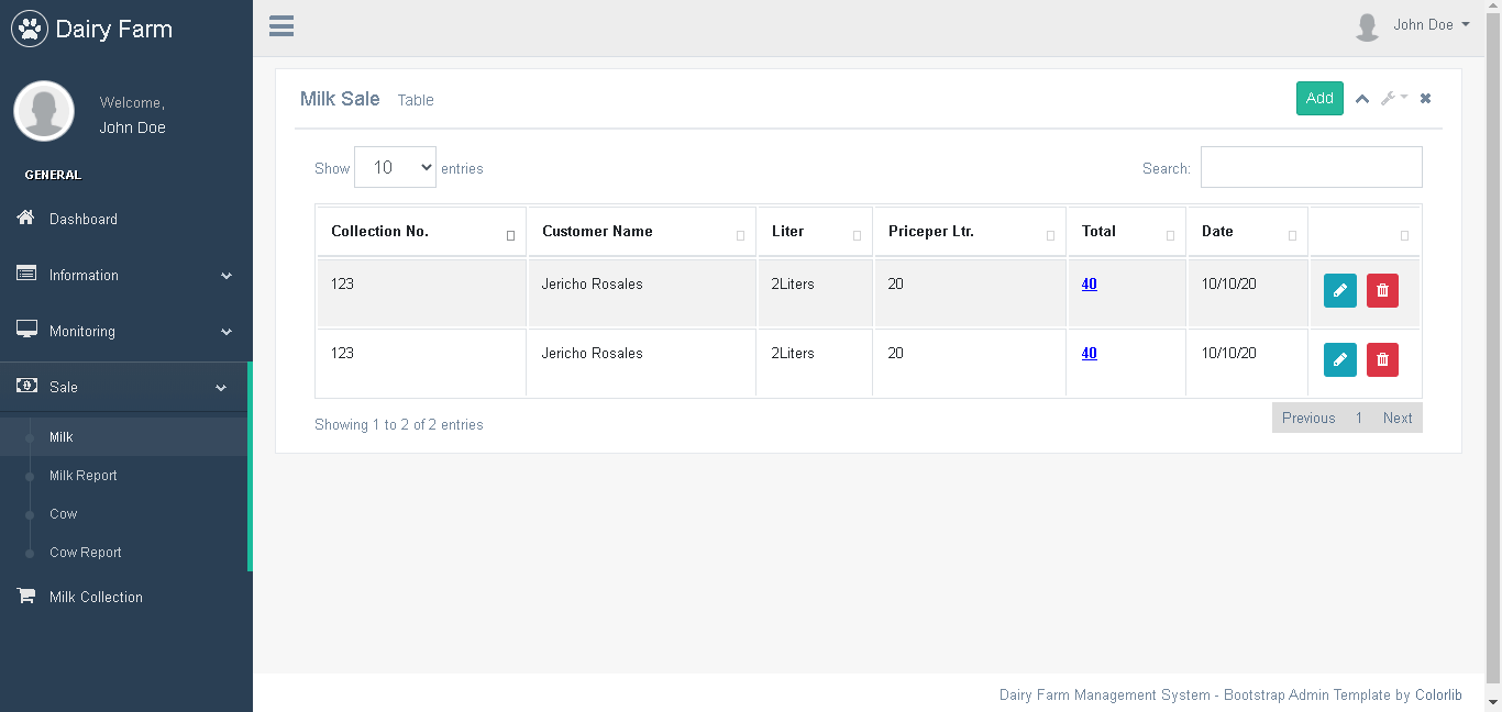 Dairy Farm Management System in PHP and Bootstrap - Milk Sale Record