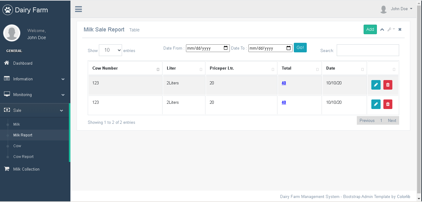 Dairy Farm Management System in PHP and Bootstrap - Milk Sale Report