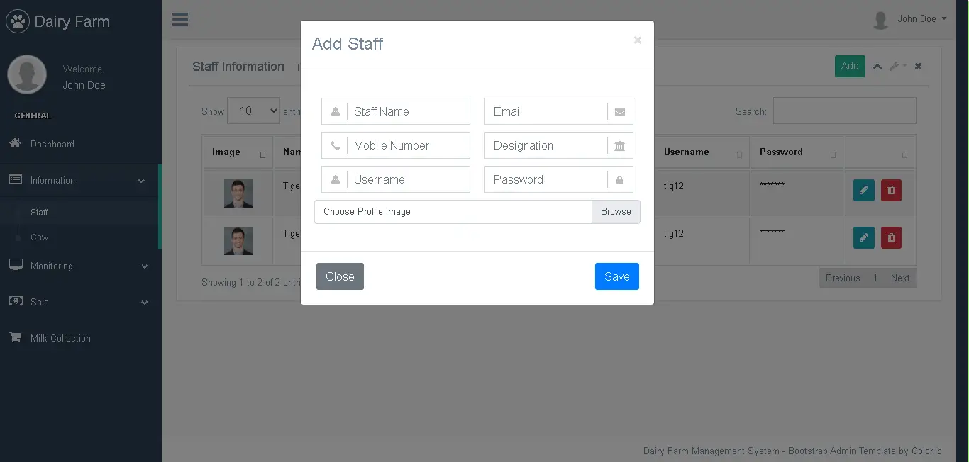 Dairy Farm Management System in PHP and Bootstrap - Staff Info Encoding