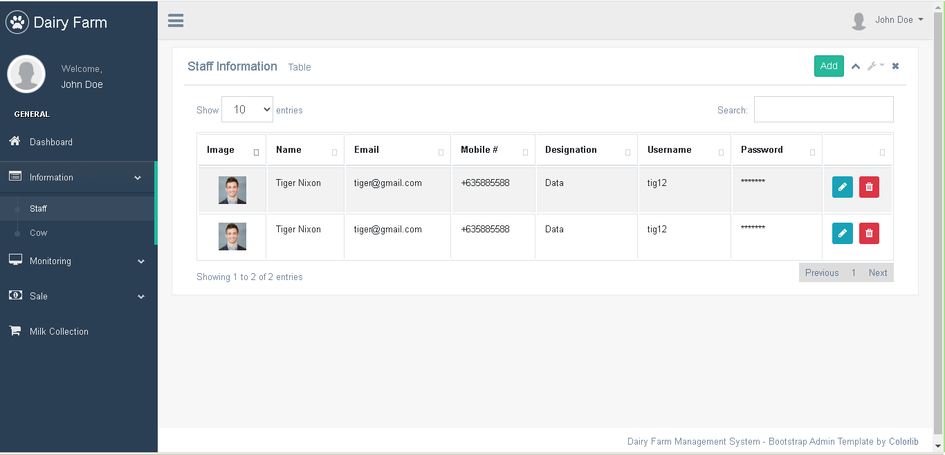 Dairy Farm Management System in PHP and Bootstrap - Staff Information