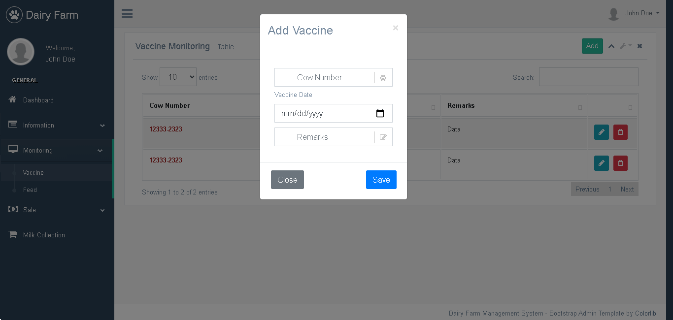 Dairy Farm Management System in PHP and Bootstrap - Vaccine Monitoring Encoding