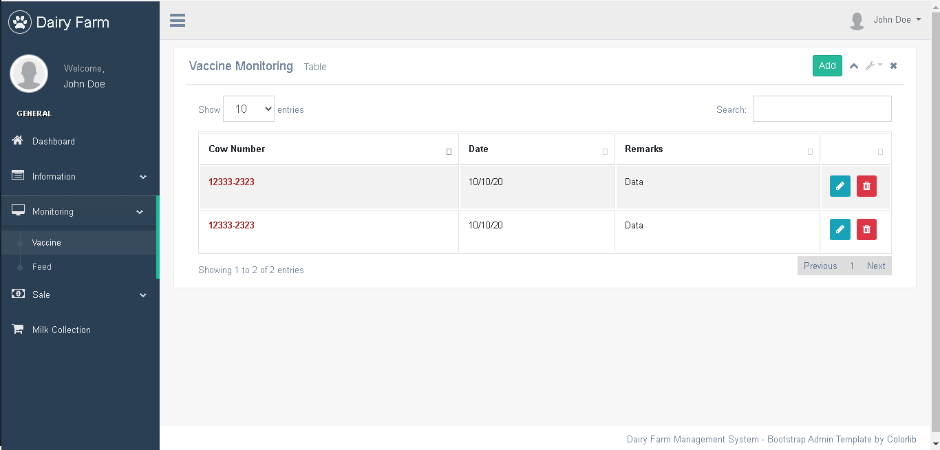 Dairy Farm Management System in PHP and Bootstrap - Vaccine Monitoring Record