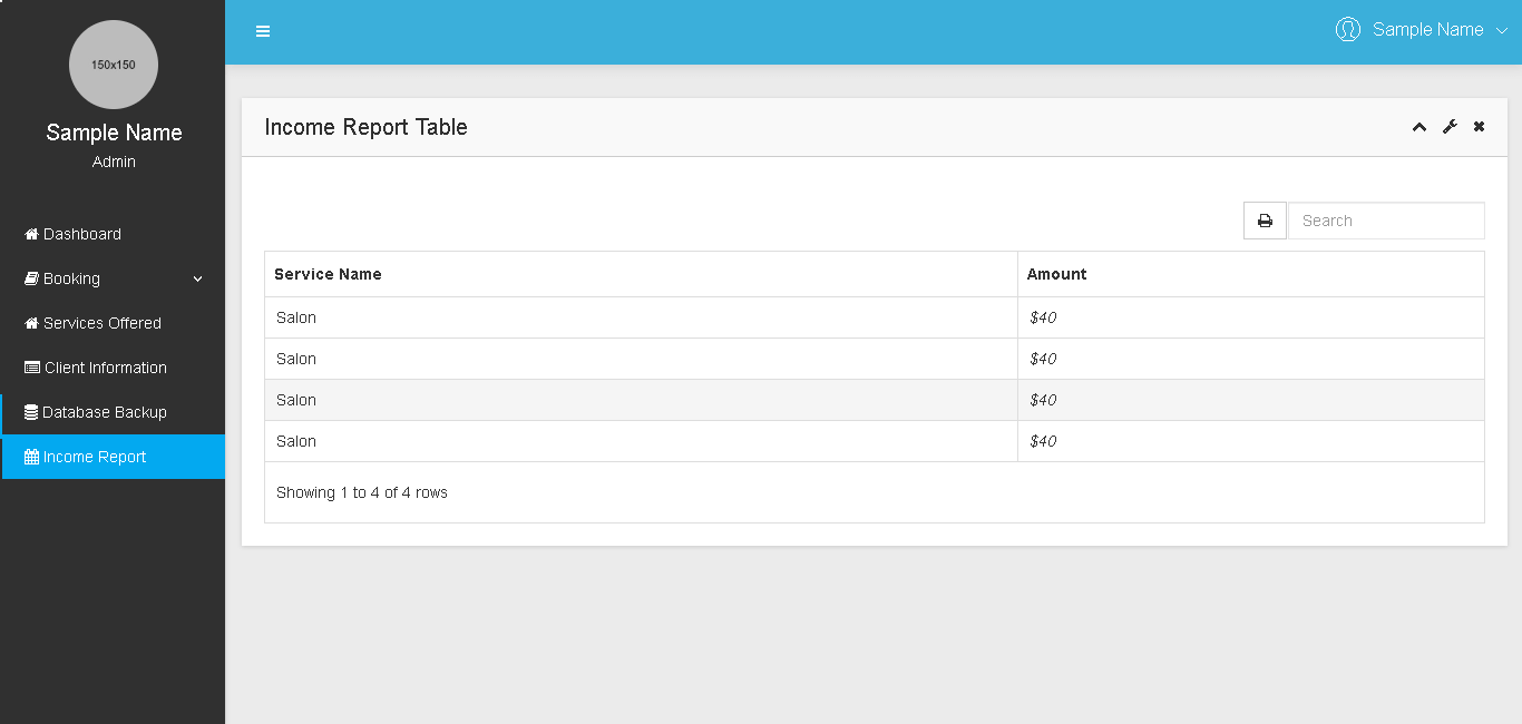 Services Booking and Appointment System Income Report