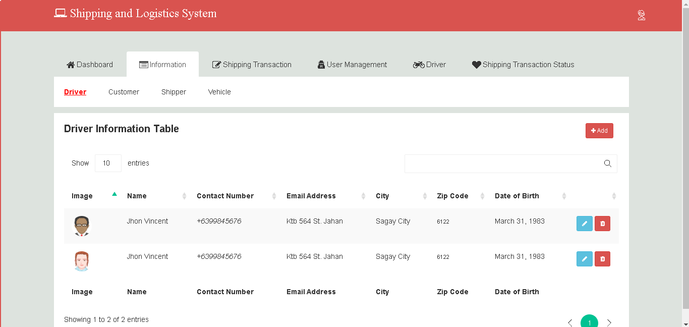 Shipping and Logistics System Driver Info Management