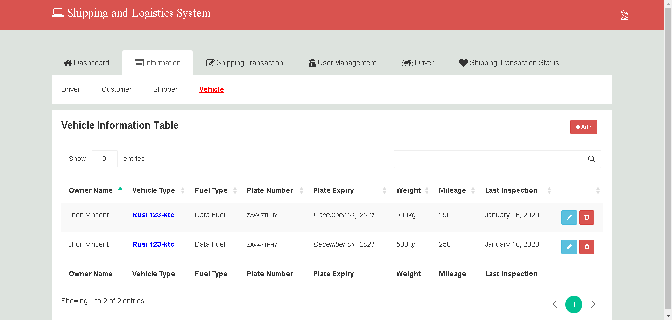 Shipping and Logistics System Vehicle Info Management