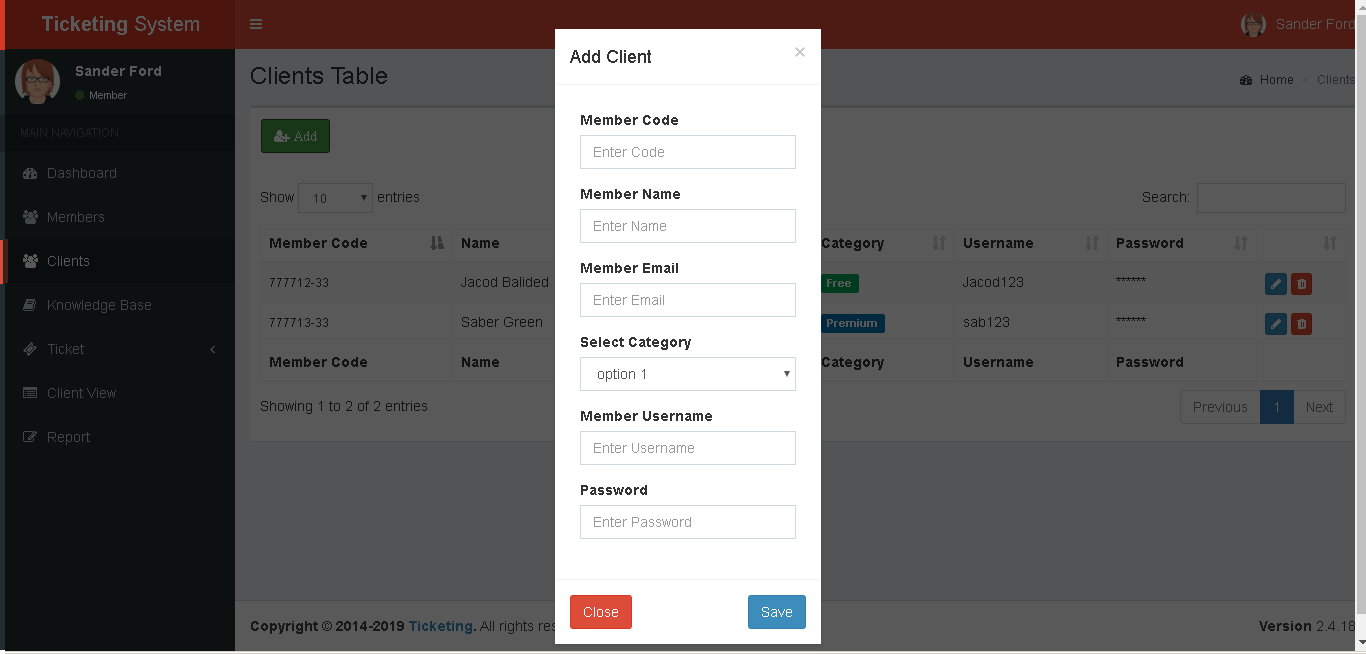 Support Ticketing System Clients Add