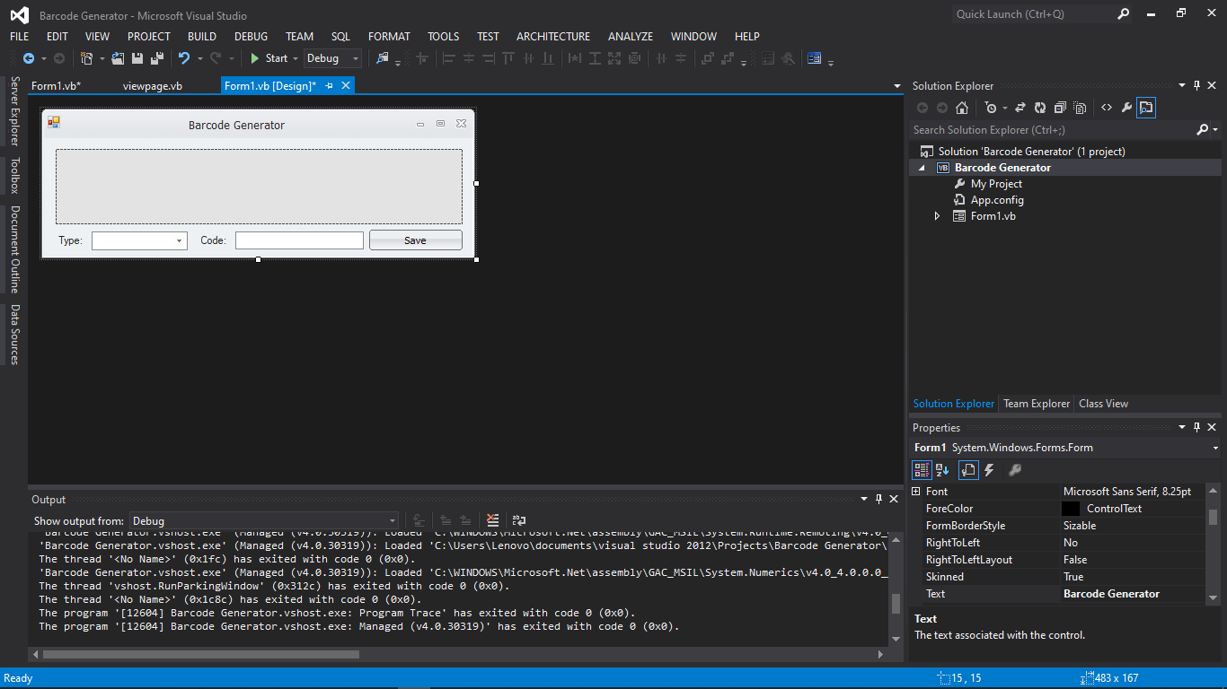Barcode Generator in VB.NET Tutorial and Source code - Form Design