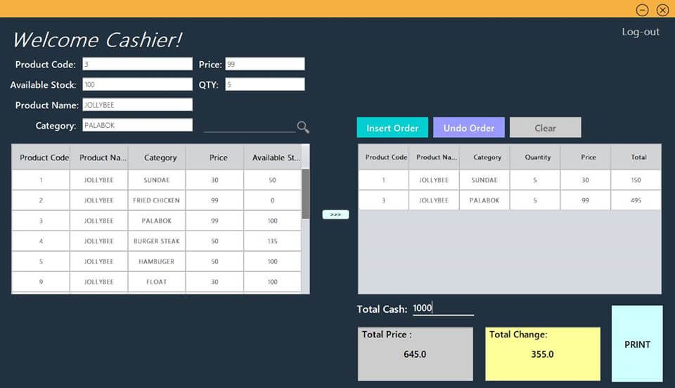 Java Swing Framework Point of Sale for Fast Food - Cashier Form