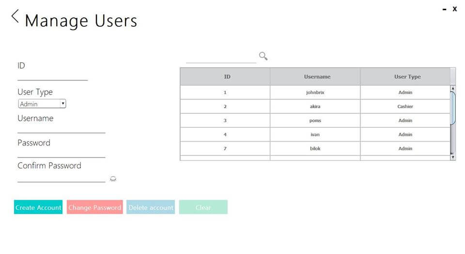 Java Swing Framework Point of Sale for Fast Food - Manage User