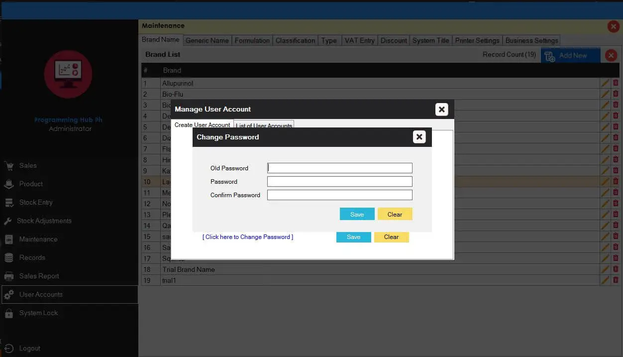 Point of Sale System for Pharmacy - Change Password Form