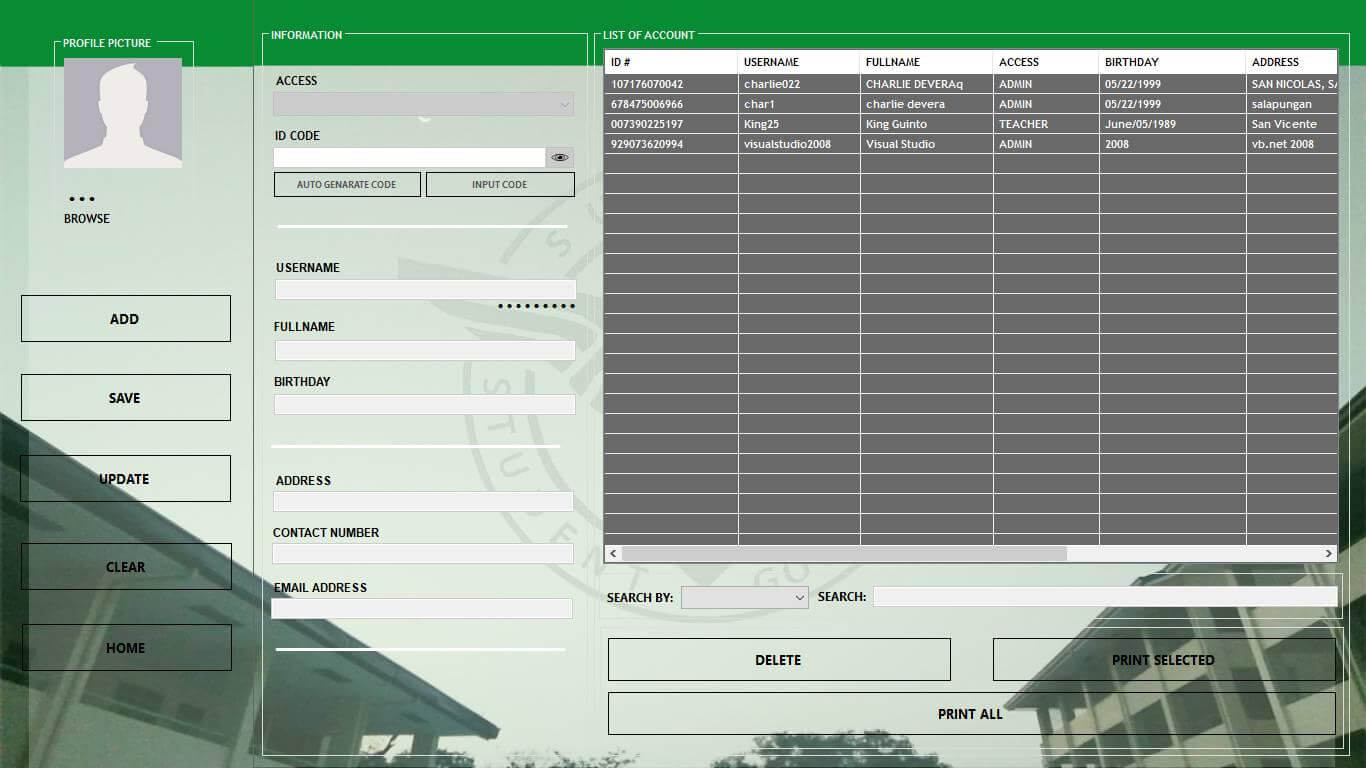 Senior High School Voting System in VB.Net - Account Information