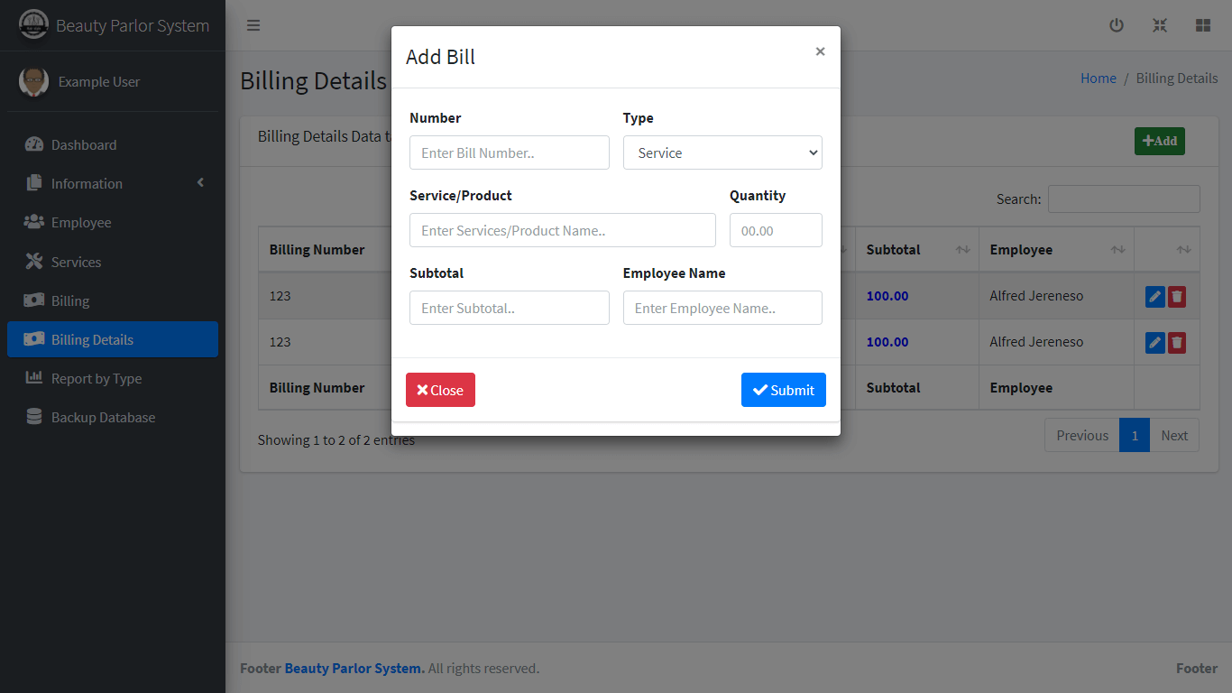 Beauty Parlour Management System - Add Billing Details