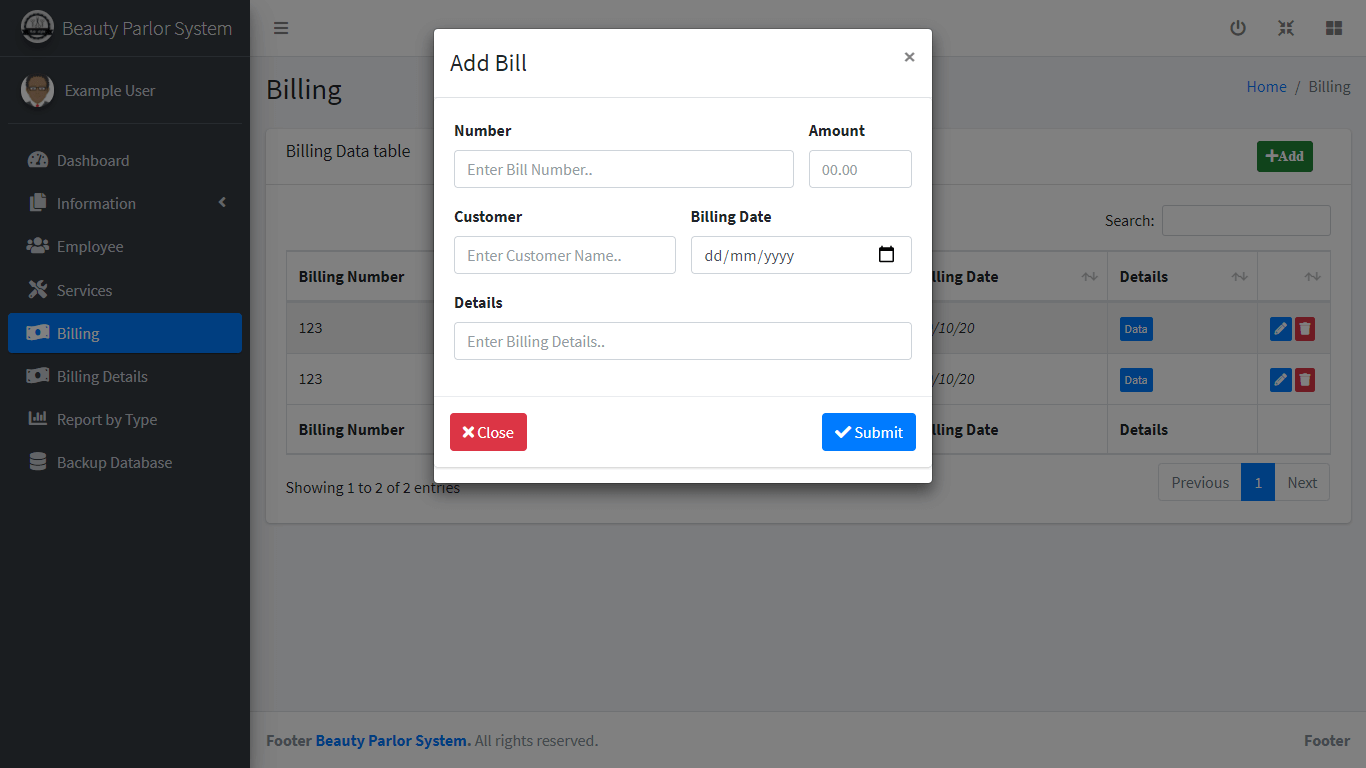 Beauty Parlour Management System - Add New Billing