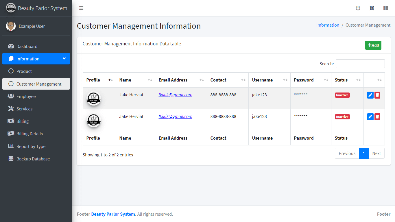 Beauty Parlour Management System - Customer Information