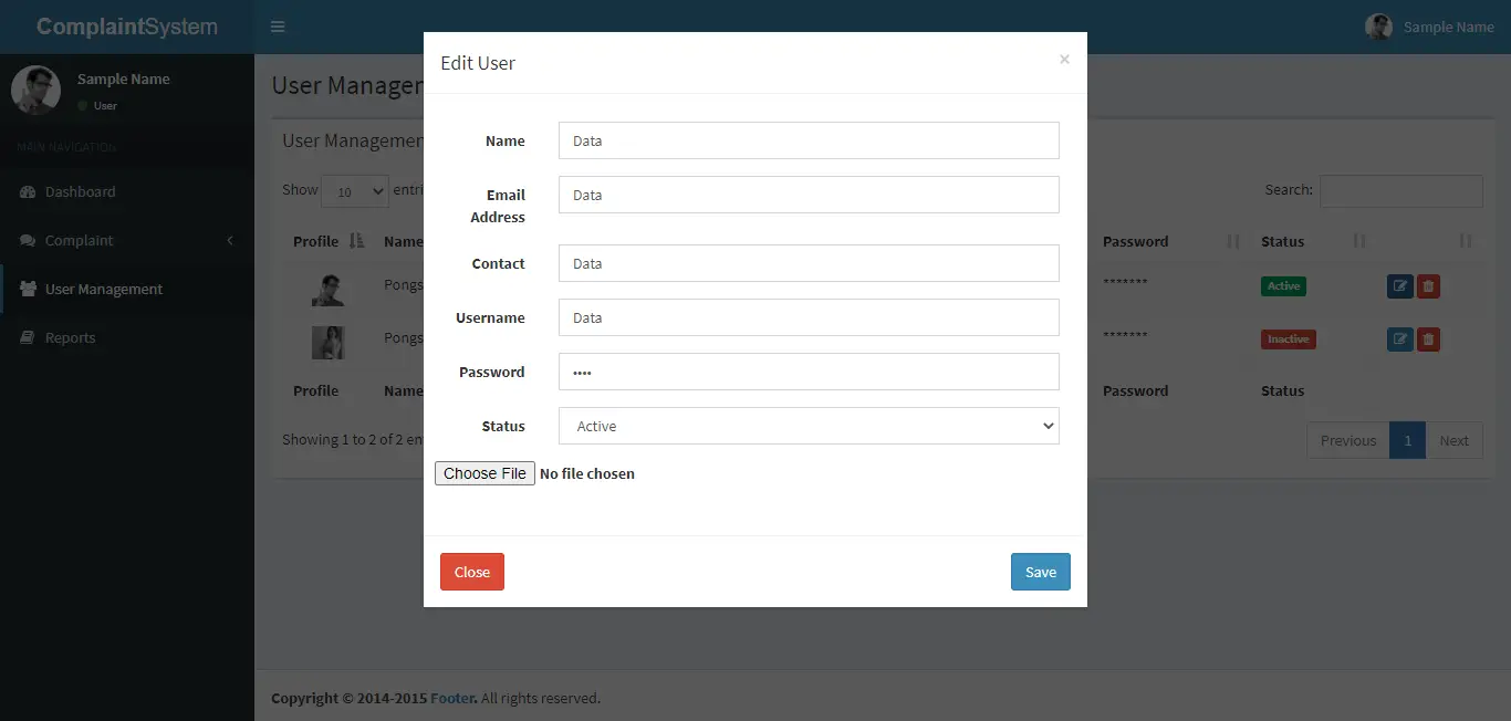 Complaint Management System Free Template in PHP and Bootstrap - Encoding of User