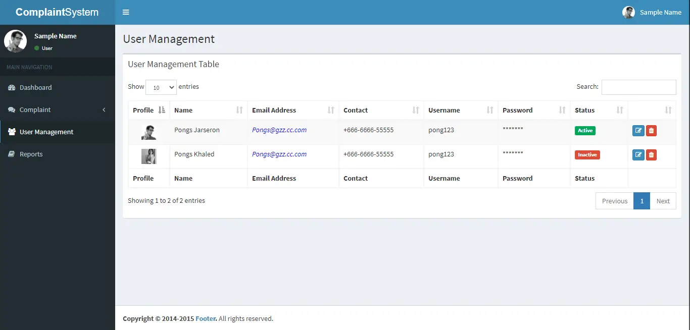 Complaint Management System Free Template in PHP and Bootstrap - User Management