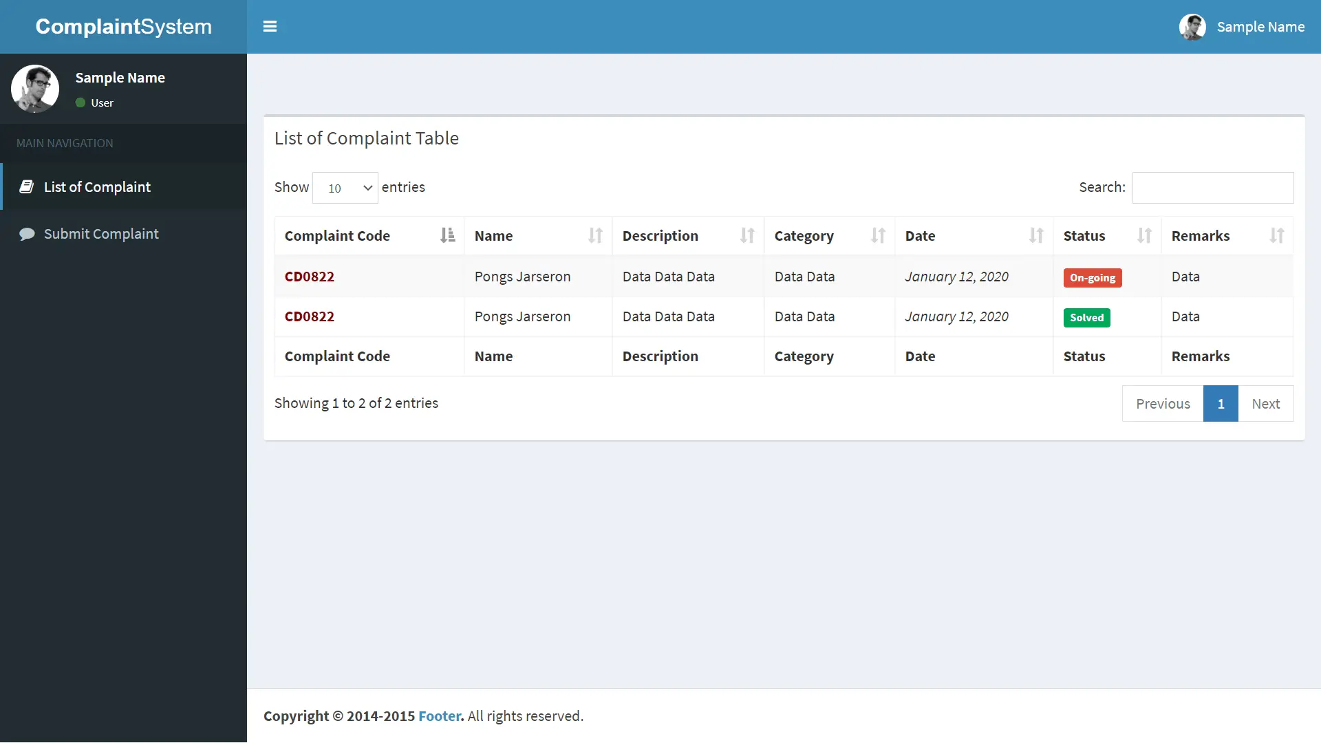 Complaint Management System Free Template in PHP and Bootstrap – User Dashboard