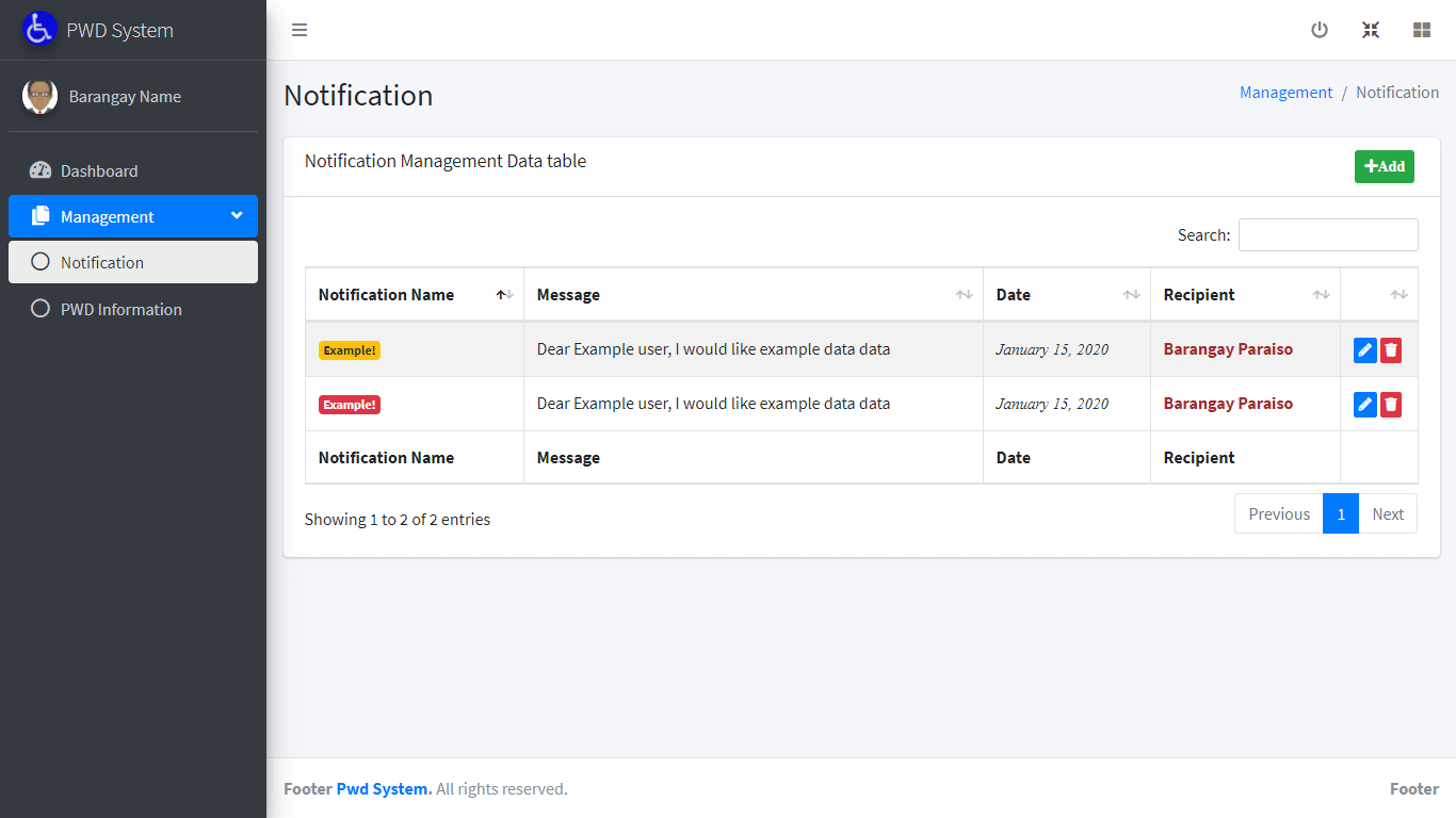 Person with Disability Information System Free Template in PHP and Bootstrap - Barangay Notification Management