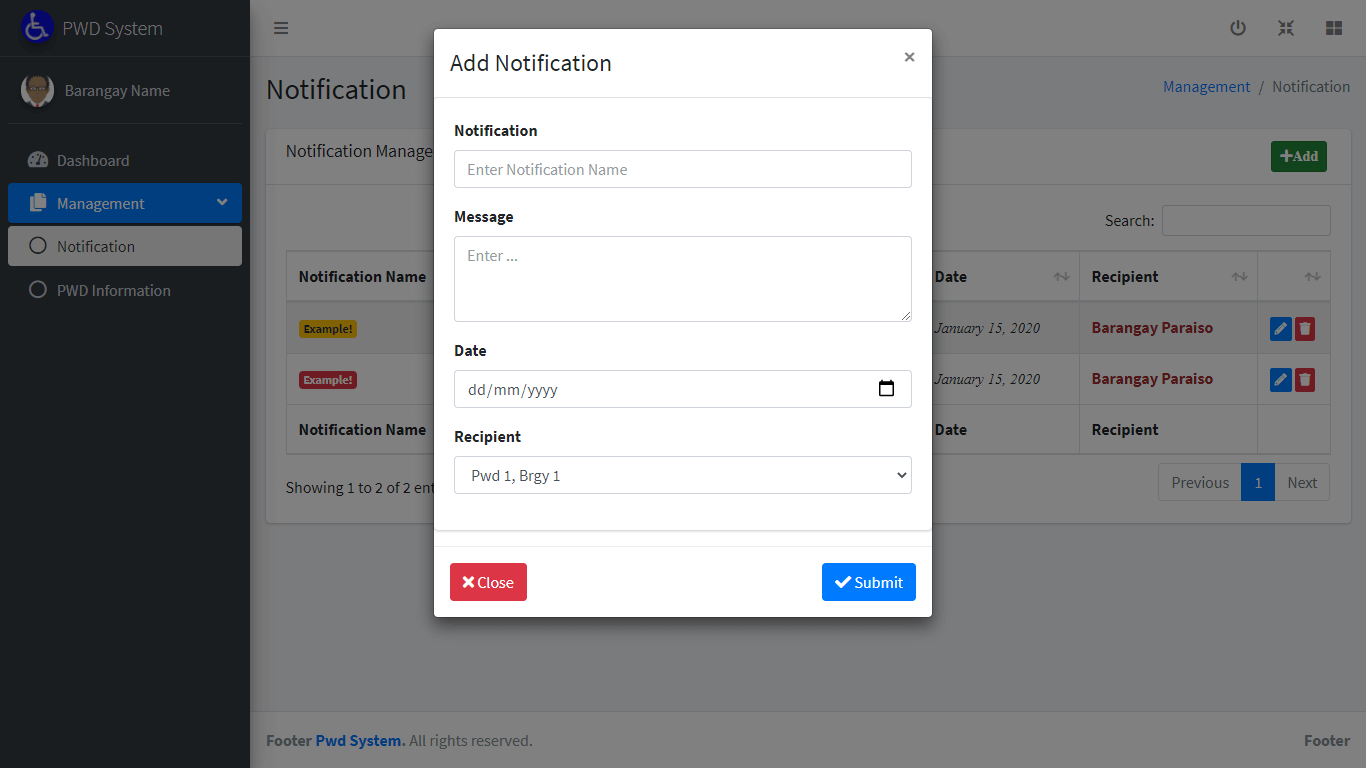 Person with Disability Information System Free Template in PHP and Bootstrap - Encoding of Barangay Notification Management