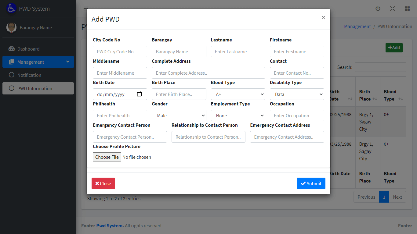 Person with Disability Information System Free Template in PHP and Bootstrap - Encoding of PWD Info