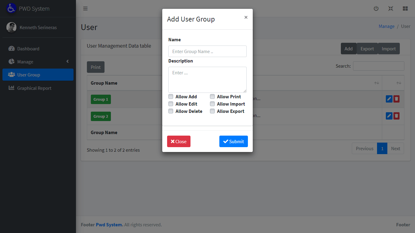 Person with Disability Information System Free Template in PHP and Bootstrap - Encoding of User Group