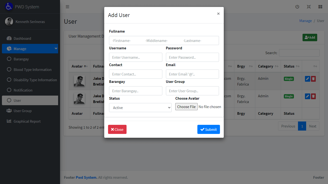 Person with Disability Information System Free Template in PHP and Bootstrap - Encoding of User Management